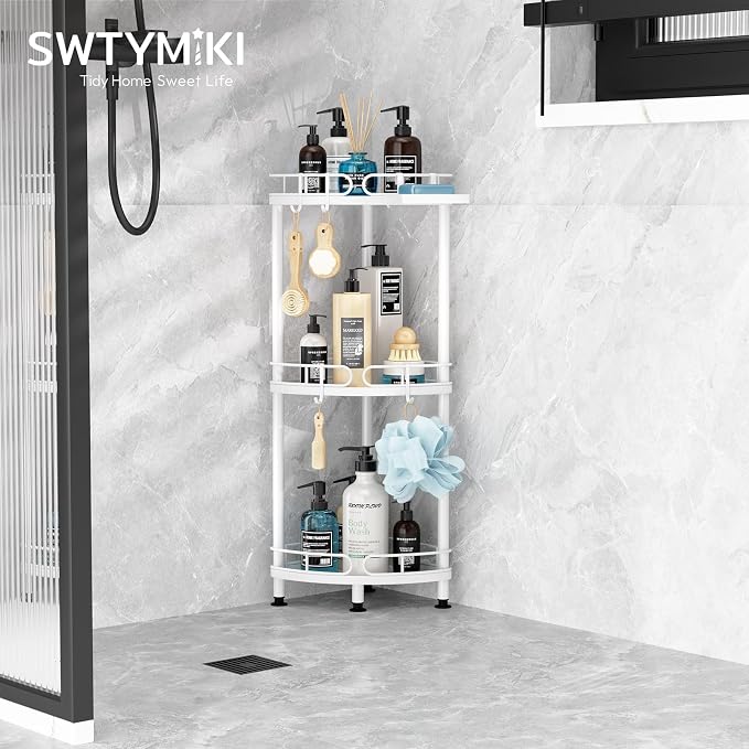 SWTYMIKI Corner Shower Caddy Standing - 3 Tier Stainless Steel Shower Organizer Stand with 4 Hooks & Soap Holder, Rustproof Metal Standing Tall Floor Shower Shelf and Bathroom Organizer, White