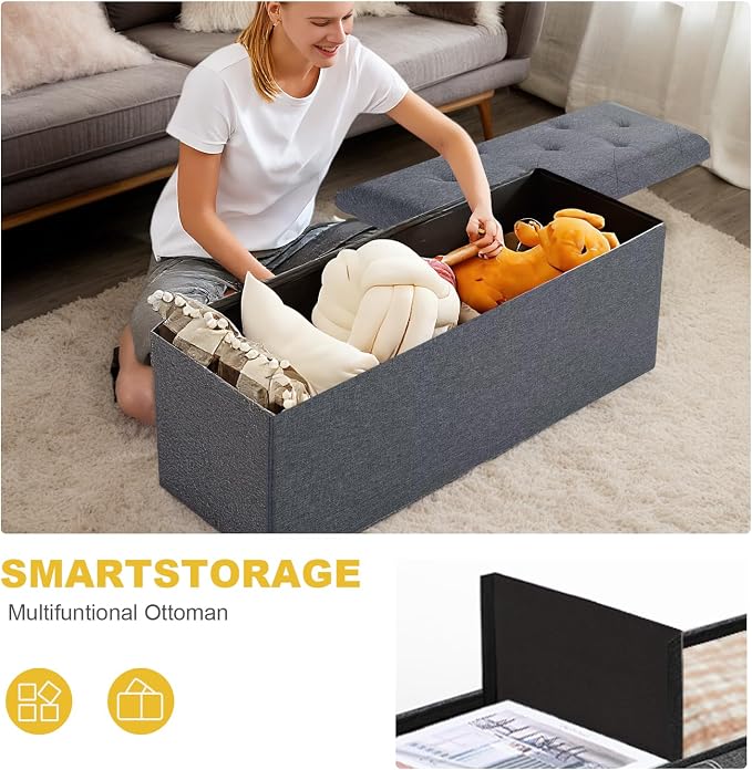 43 inch Storage Ottoman Bench, Folding Storage Bench Ottoman, for Bedroom, Living Room, and Utility Room, Grey (43.3'' W)