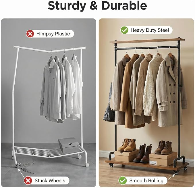 Industrial Pipe Clothing Rack, Wood Clothes Rack, Rolling Garment Rack | Heavy Duty, Sturdy Hanging Rod, Hall Tree on Wheels with Shelves, Shoes Storage and Hangers for Bedroom Retailer, Rustic