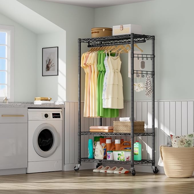 Golpart Heavy Duty Rolling Clothes Rack Wheels Portable Metal Garment Rack | Wardrobe Adjustable Wire Shelving Metal Double Clothing Racks for Hanging Clothes Organizer Closet Laundry Room Organization