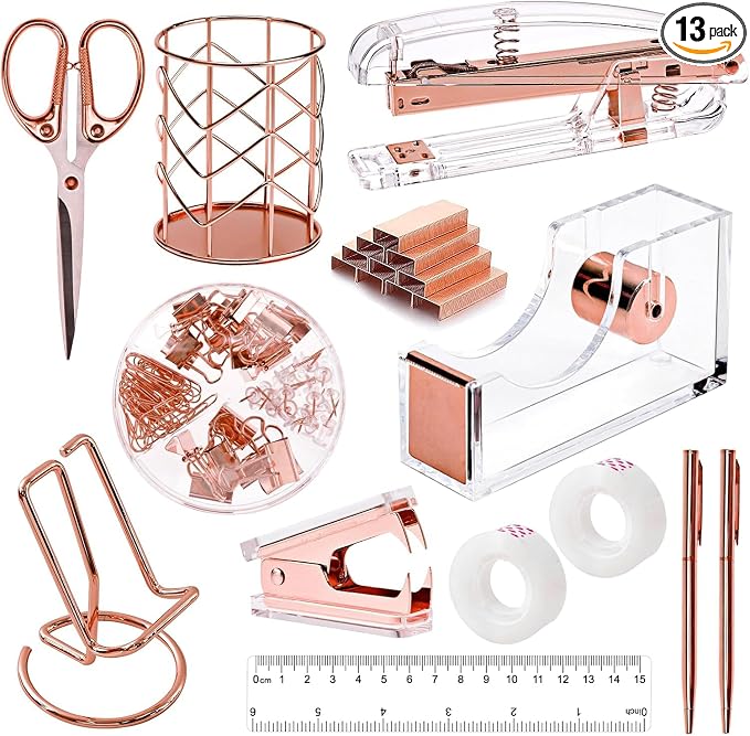 suniya Office Supplies,Rose Gold Desk Accessories,with Stapler,Tape Dispenser,Pen Holder,Scissors,Phone Stand,Staple Remover,Ballpoint Pen,Clear Tape,Staples,Ruler,Clips,Best Gift for Business or Boss
