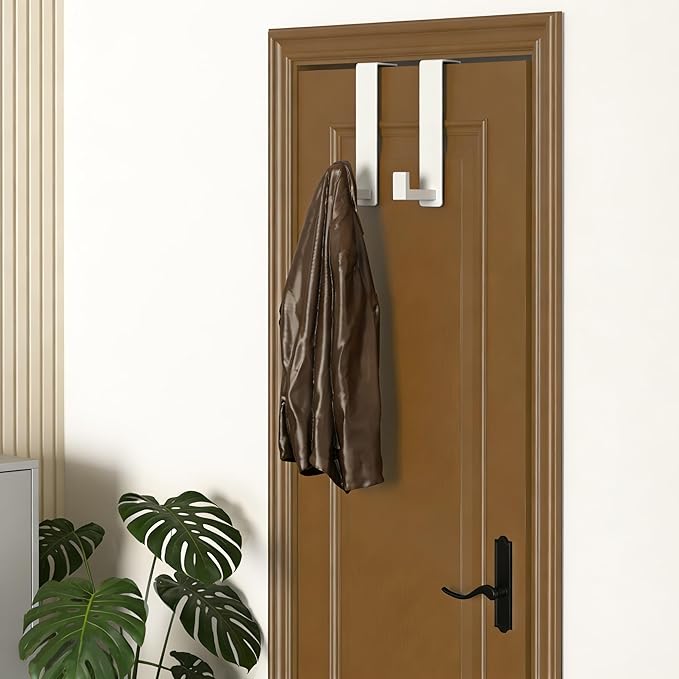 WUIVIUT Heavy Duty Over The Door Hooks, Easy Install Door Holder for Coats, Stainless Steel Hanger Hook for Bedroom, Office, Towel (White, L Shape 2 Pack, Fits 1-3/4'' Thick)
