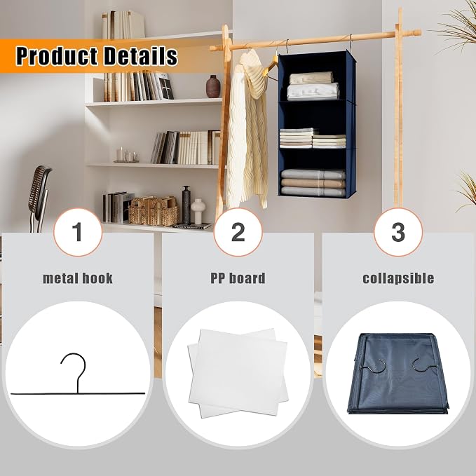 Hanging Closet Organizer 3-Shelf, Oxford Fabric Wardrobe Storage, Navy Blue | Easy-mount foldable design holds clothes, handbags, shoes & accessories; washable Oxford fabric, sturdy and space-saving.