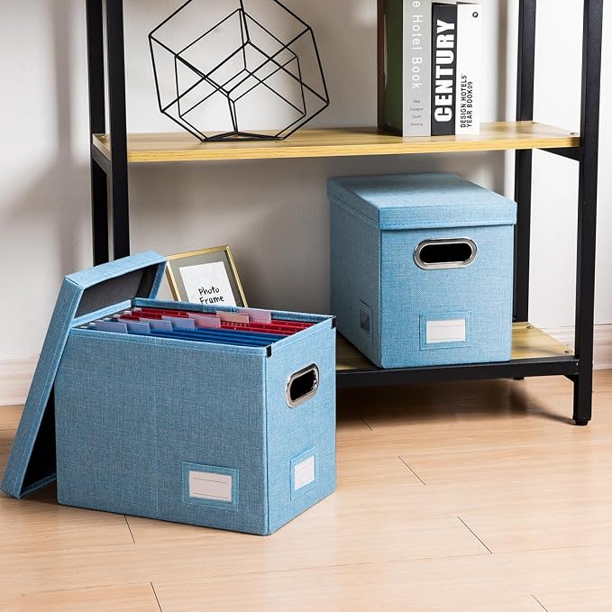 File Organizer Box - Set of 1 Collapsible Decorative Linen Filing Storage Hanging File Folders with Lids Office Cabinet Letter Size Blue (14x9.3x10.8 inch)