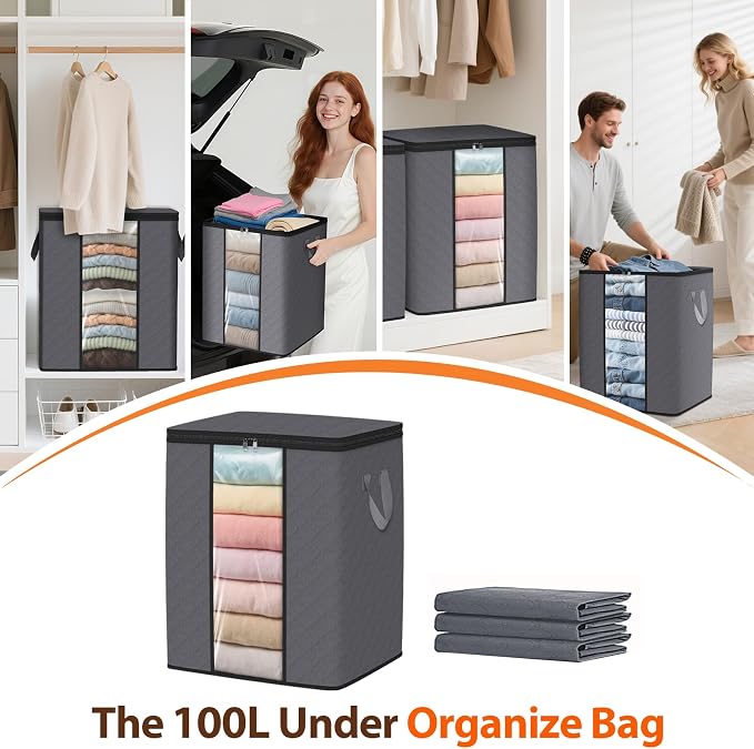 SpaceWhisper 4 Pack 100L Clothes Storage, Foldable Thick Fabric Blanket Storage Bags, Containers for Organizing Bedroom, Closet, Clothing, Comforter,Closet Organization with Handle,Grey