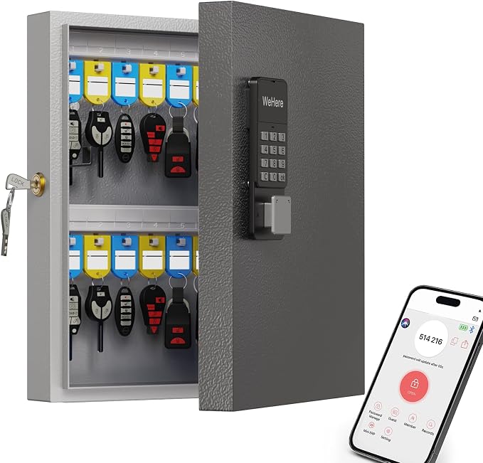 32 Key Lock Box(Plus), Smart Key Cabinet Wall Mount, 4-Way Unlocking, OTP/APP/Fixed Code Unlock,OTP Access Share Remote Unlock, Black