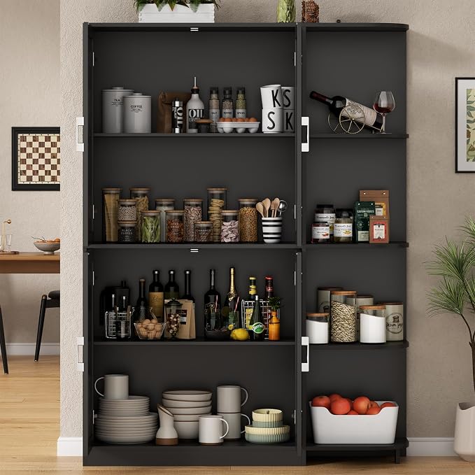 Kitchen Pantry Storage Cabinet, 64" Tall Freestanding Cupboard with Doors & Adjustable Shelves, Food Pantry Cabinet with 5-Tier External Shelf for Dining Room (Black)