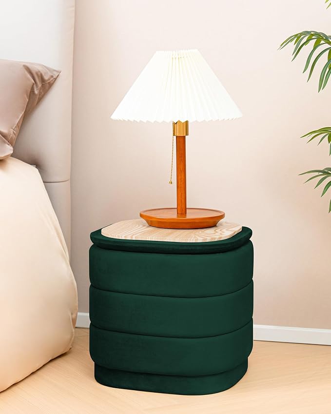 B FSOBEIIALEO Velvet Storage Ottoman with Tray, Square Folding Ottoman with Storage Coffee Table Foot Rest for Dorm Room, Living Room Bottle Green, 15"x15"x15"