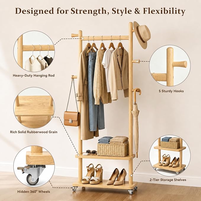 Taitiy Coat Rack Freestanding Solid Wood with Wheels 2 Shelves 5 Hooks | 100% solid rubberwood,hidden 360° silent wheels,2 tier shelves,5 hooks,small clothing rack,entryway bedroom living room
