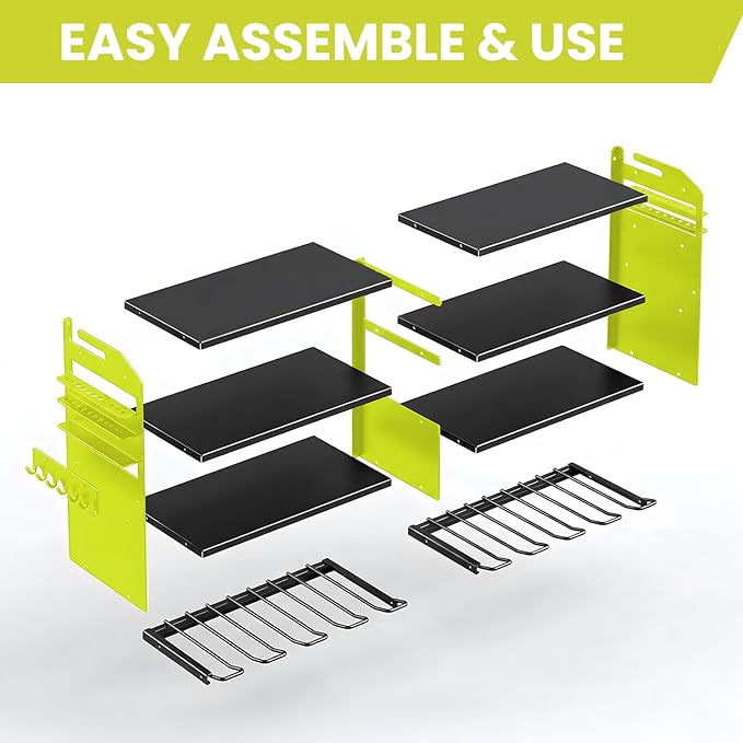 Power Tool Organizer Wall Mount, Includes Power Strip, GREEN | Heavy Duty 600 Lbs Metal Tool Storage Rack, 4-Tier Garage Drill Holder & Workshop Battery Management Station
