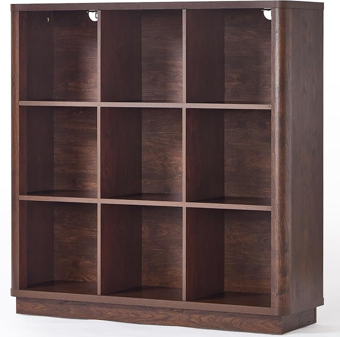 Joaxswe 9 Cube Bookshelf, 40.5" Wide Organizer Bookcase with Curved Edge, Wood Floor Standing 3-Tier Cubby Book Shelf with Base, Vintage Display Storage Cabinet for Living Room, Home Office, Walnut