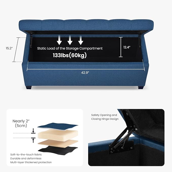 Living&Giving Storage Ottoman Bench for Bedroom, 47.2", Navy Blue | 47.2-inch storage ottoman with safety hinge, tufted upholstered seat and spacious hidden storage for everyday organization.