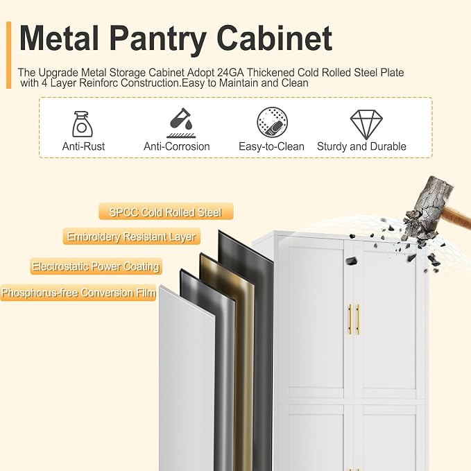 75" Tall Metal Kitchen Pantry Storage Cabinet, Freestanding Cupboard with 4 Doors and 4 Adjustable Shelves, Standing Storage for Kitchen, Bathroom, Garage, Dinning Room or Utility Room（White）