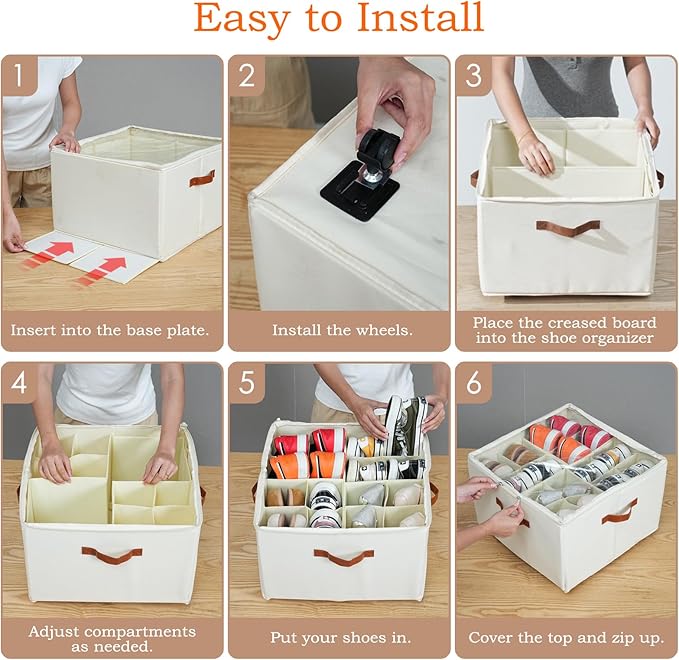 Foyego 2 Pack Shoe Organizer for Closet, Shoe Storage with Wheels, Beige | Fits 32 Pairs, with Adjustable Dividers and Clear Cover, Saving Space Foldable Fabric Closet Shoe Storage Organizer Box Bins