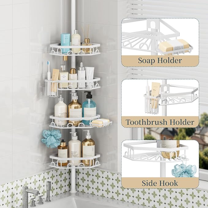 Consumest Shower Caddy Tension Pole - 4 Tier Corner Shower Shelves with Brush & Soap Holder, 304 Stainless Steel Rustproof Adjustable Organizer Rack for Bathtub, Bathroom, 27.6-108.3 Inch, White