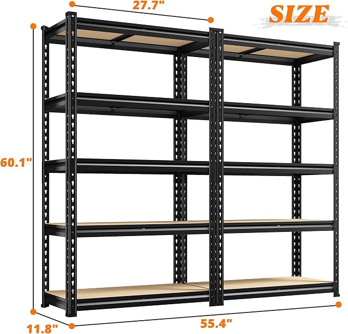 REIBII Set of 2 Storage Shelves,Heavy Duty Garage Shelving for Basement | 2000LBS Metal Shelves,5-Tier,Rolled Edge,for Industrial Warehouse Pantry School Education Shop Commercial,27.6"Wx11.8"Dx60"H