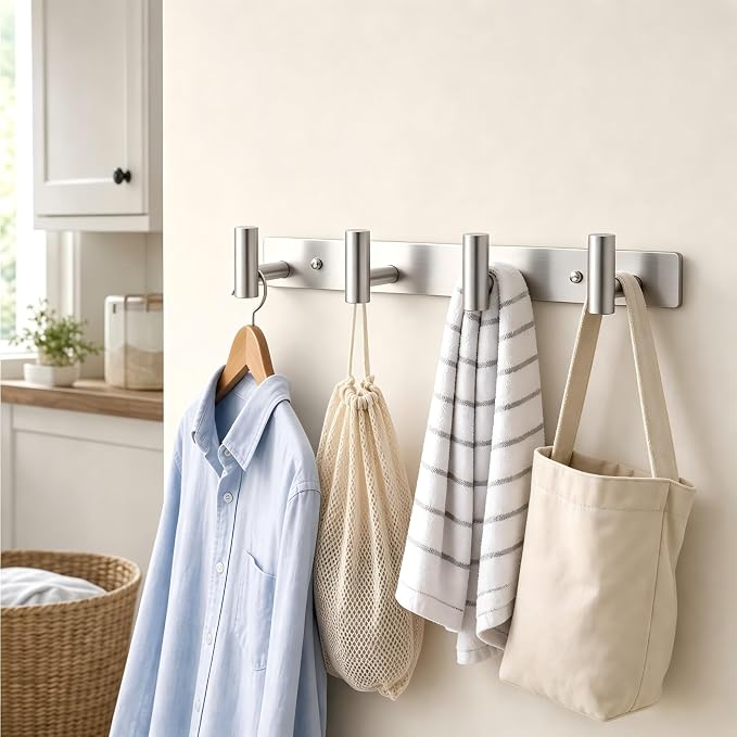 Wall Mounted Coat Rack-4 Hooks, Heavy Duty Stainless Steel Wall Hooks for Towel Coat Bag, Hat Rack Coat Hanger Coat Hooks Towel Racks for Bathroom Entryway Kitchen Hotel (Silvery, 1 Pack)