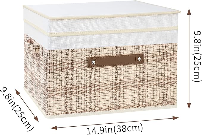 TYEERS Collapsible Storage Bins with Lids, Patchwork Design, Washable, Fabric Storage Boxes, 14.9x9.8x9.8 inches, 3 Pack, Camel Tan