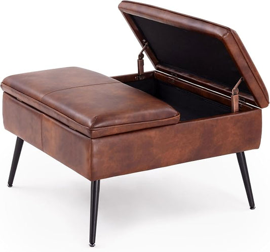 Square Ottoman with Storage Coffee Table Large Upholstered Brown | Mid-Century Modern Ottoman w/ Double Flip-Lid Metal Legs Padded Seat for Living Room Bedroom, Faux Leather, Loads 660 lbs