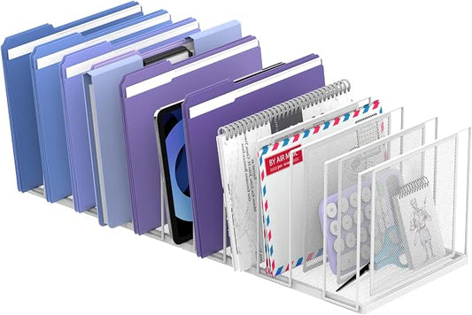 File Organizer for Desk, 11-Section Vertical File Sorter, Paper Holder Organizer Standing Metal File Folder for Office Home Classroom, White