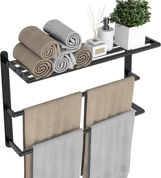 VOTZAAQ Towel Racks for Bathroom, 24 in Black Towel Shelf with Double Towel Bar, 3 Tier Stainless Steel Towel Storage, Bath Towel Holder Wall Mounted for Lavatory Organizer Decor RV Camping