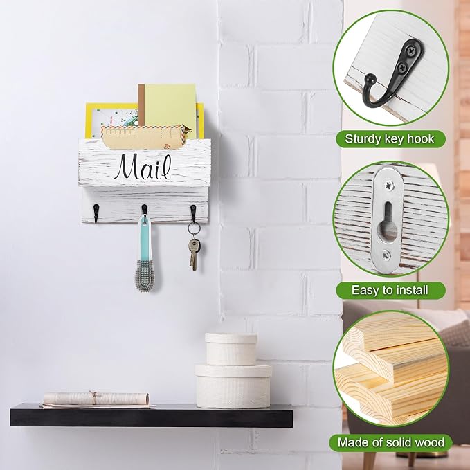 DRASTAR Small Mail Organizer Wall Mounted,Wooden Mail & Key Holder for Wall, Hanging Mail Organizer,Retro White