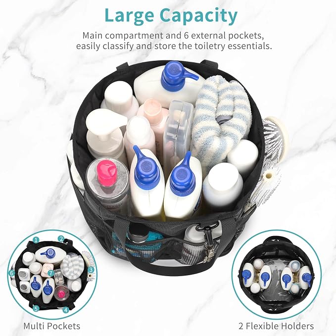 Shower Caddy Portable, Mesh Shower Caddy Hanging with Waterproof Phone Pouch Black, Large Capacity Shower Bag for College Dorm Room Essentials, Quick Dry Shower Basket for Gym, Camping, Swimming