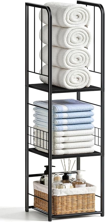 KIMBORA Narrow Towel Storage for Bathroom, 3-Tier Free Standing Bathroom Towel Organizer with Shelf for Small Bath, Pool, Black