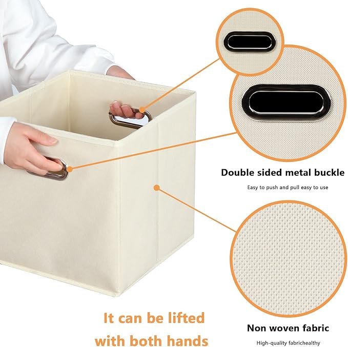Yunkeeeper storage bins Cubes, Fabric Cube Organizer with Handle, Foldable Cube Bins for Cloth or Accessary Storage, 11x11x11, Set of 6, (Creamy White)