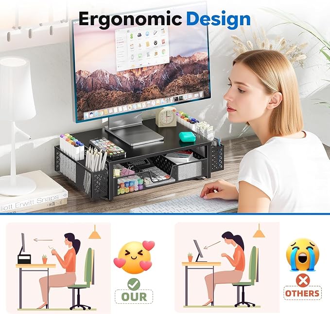 Simple Trending Desk Organizer, Computer Monitor Stand Riser, Black | Metal Laptop & Printer Stand, Desktop Organizer with Drawer & 2 Pen Holders, Anti-Slip Pads, 18.5"W x 9.5"D x 4.75"H