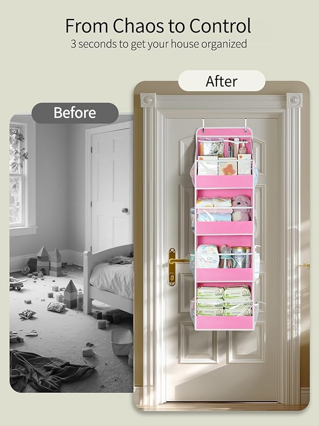 Yecaye 5 Tier Over the Door Organizer, Swing-proof Door Organizer Hanging with Clear PVC Windows, Behind the Door Storage for Bedroom Nursery Closet Laundry Pantry Bathroom, Pink