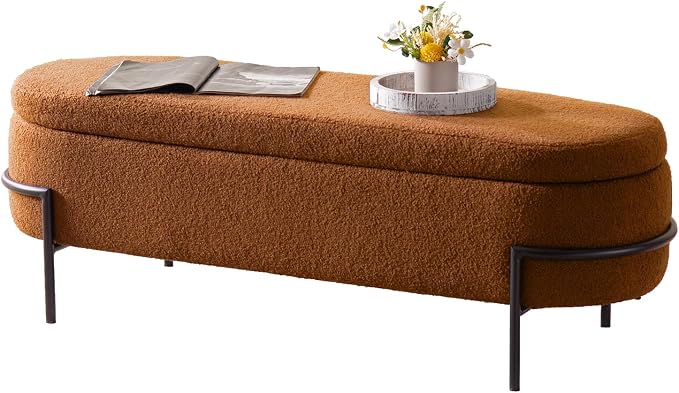 FiveWillowise 52 Inch Sherpa Storage Ottoman Bench,End of Bed Bench | Upholstered Boucle Storage Bench with Storage,Metal Stand and Hinges,Oval Ottomans for Living Room,Bedroom,Brown