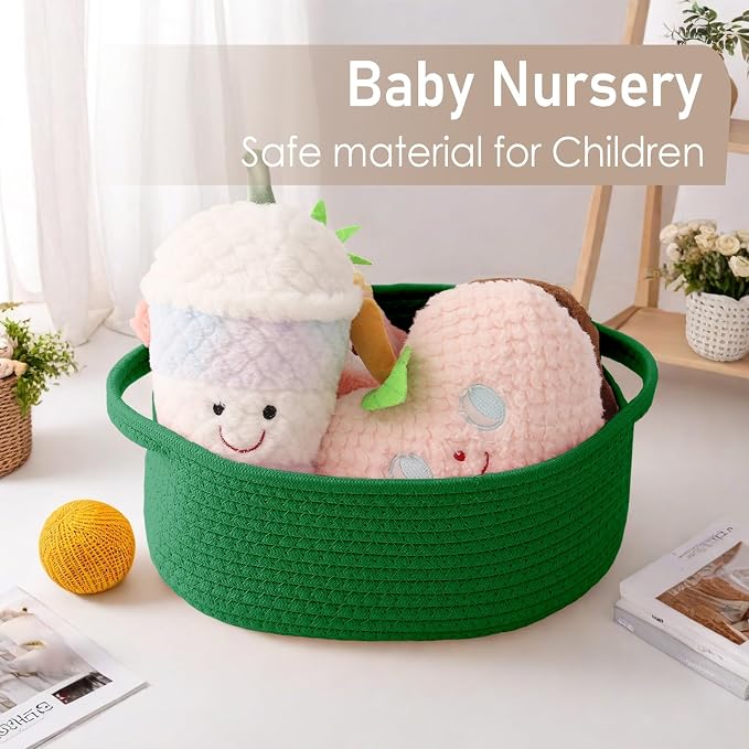 JMvicyroam Small Woven Basket, Empty Gift Basket, Green/1 Pack | Small Gift Basket, Cotton Rope, 12 x 8 x 18 in, Handles, Includes Ribbon and Bag, Birthday Gift Basket