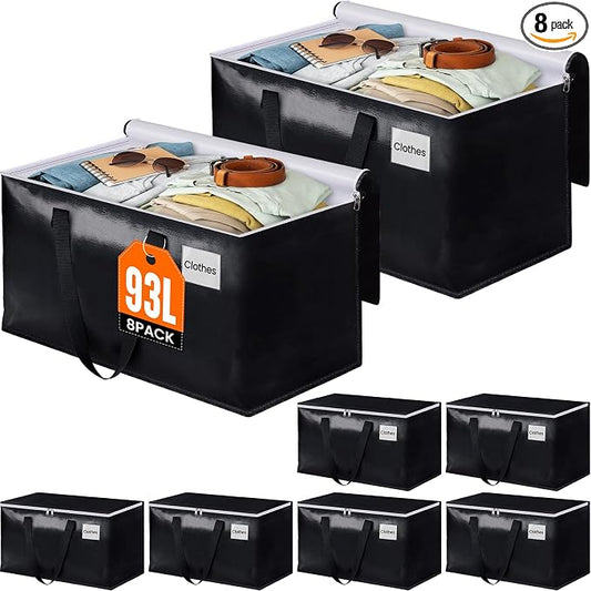 Heavy Duty Moving Bags, Extra Large Storage Bags, 93L, 8-Pack, Black | Foldable, with Zippers, Tag Pocket & Handles, Reusable, Space-saving, Water-Resistant, for moving & storage, Versatile Use