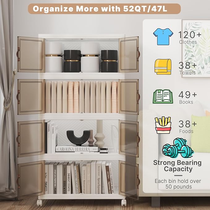 Stackable Storage Bins with Lids, 208QT Closet Organizers and Storage Cabinet with Doors & Wheels, Lockable Plastic Foldable Drawers for Bedroom Dorm Office Garage（52QT*4,White）
