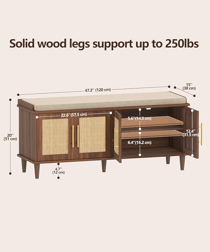 Akxomel 47.2" Rattan Shoe Storage Bench 4 Doors Entryway Bench Walnut | 2 Tier Shoe Bench with Padded Cushion, Adjustable Shelves and 4 Doors, Solid Wood Legs, for Hallway, Living Room, Bedroom