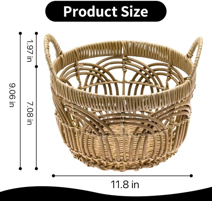 Handmade Woven Round Plastic Basket with Handle - Home Organizing, Storage Baskets, Shelf Basket, Cloth Storage, Toy Storage, Decorative Storage - Large