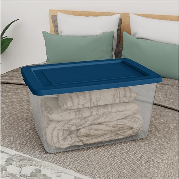 Sterilite 32 Pack Storage Boxes, Clear Plastic Stackable Containers, Lightweight Home Organizers with Snap Lids, 58 Quart, Marine Blue