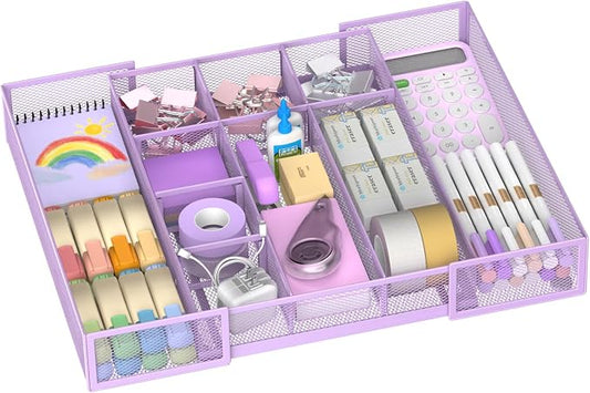 Expandable Desk Drawer Organizer, 10 Adjustable Compartment, Purple | Metal mesh drawer organizer tray with 5 removable dividers, expands from 8.74 to 16 in for office supplies, makeup or tools