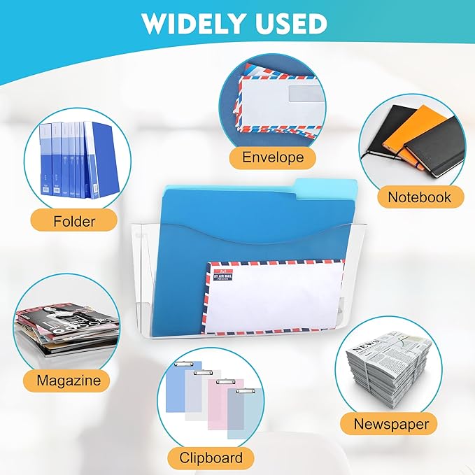 EASEPRES 6 Pack Clear Single Pocket Hanging File Organizer, Plastic Wall Mount Paper Mails Magazines Holder, Mounted Folder Bins for Office School and Home, 13.85x3.14x6.88 inches