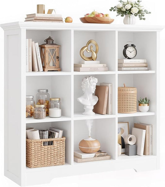 Aheaplus Wooden 9-Cube Storage Organizer with Charging Ports, Modern Cube Bookcase with Base, 4-Tier Floor Standing Open Cubbies Bookshelf, Cubicle Display Shelf for Home and Office, White