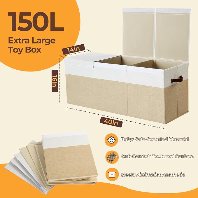 Extra Large Toy Box with Lid,Collapsible Toy Storage Chest,Beige | 40"x14"x16",150L Large Capacity,Sturdy Kids Organizer,Toybox,Toy Bin for Boys & Girls,Living Room,Nursery,Bedroom,Playroom