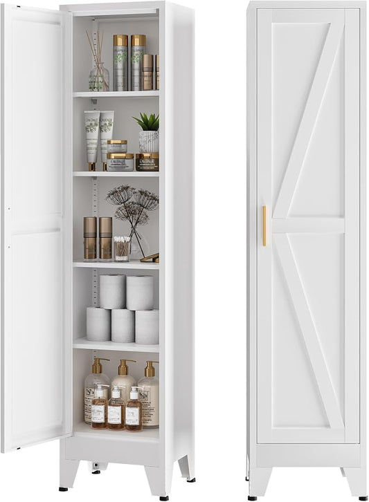 COFaR Tall Bathroom Storage Cabinet, Metal Farmhouse Narrow Slim Cabinet with Adjustable Shelves Barn Door for Bathrooms, Kitchens, Entrances Living Room (White)