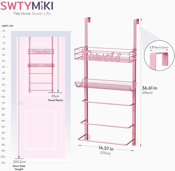 SWTYMIKI SWTYMIKI Over the Door Towel Racks for Bathroom - 5-Tier Wall Mounted Bathroom Towel Storage Organizer Holder with Metal Shelf, Pink
