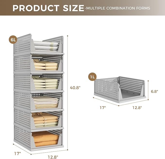Pinkpum 6 Pack Closet Organizer Storage Bins Stackable Plastic Drawer Shelf | Basket for Clothing Stackable Storage Bins Shelf Storage Container for Closet Wardrobe Bedroom Bathroom Office Grey Foldable