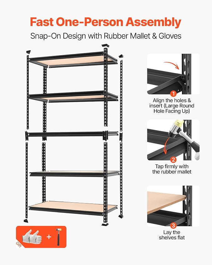 VEVOR Storage Shelves, 5-Tier Adjustable, 2000 lbs Capacity, Heavy Duty Garage Storage Shelving Unit, Metal Utility Rack Shelf, for Garage Warehouse Basement Kitchen, 36.34" W x 16.34" D x 71.38" H