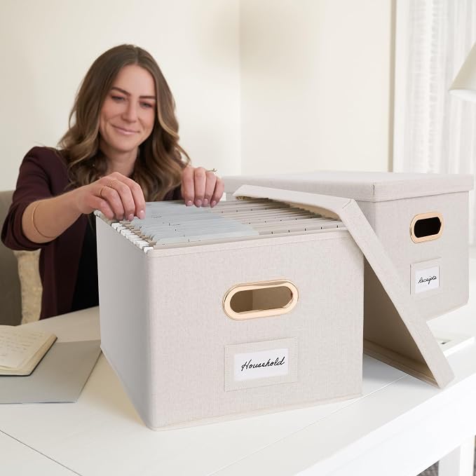 Decorative File Organizer Box Set of 2 - Collapsible Linen Filing Cabinets with Handles Are Perfect to Store All Your Documents & Hanging File Folders - Portable Easy Slide Office Crates with Lid