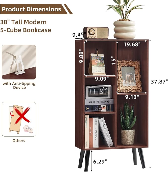 LEYAOYAO 5 Cube Bookshelf, Mid-Century Modern Book Shelf with Legs, Walnut | 3 Tier Bookcase, Rustic Wood Bookshelves Freestanding Small Storage Organizer, Open Shelves for Bedroom, Living Room, Office