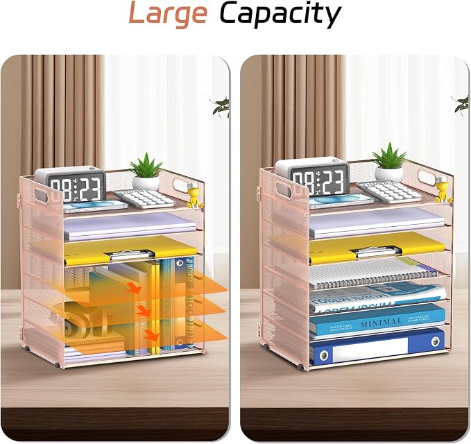 7 Tier Paper Organizer for Desk with Letter Trays and Handle Rose Gold | Desk File Organizer with Handle for Sorting Papers, Files, Folders, Mail, Bills and Office Supplies