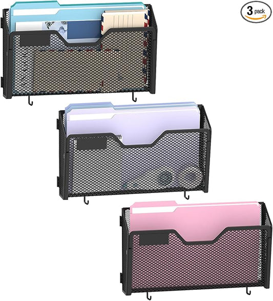 SUPEASY 3-Pack Magnetic File Holder with Hooks and Label Panels, Black | Magnetic File Folder Holder for Whiteboards, Lockers and Cabinets with 3 Letter-Size Pockets, Label Panels and 8 Hooks